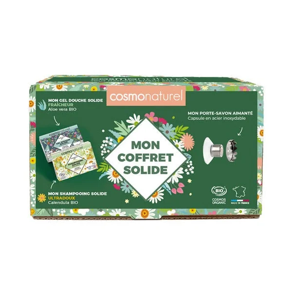 Coffret solide shampoing gel douche et porte-savon