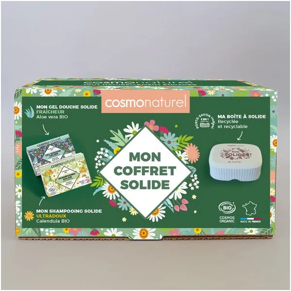 Coffret solide shampooing gel douche et boîte
