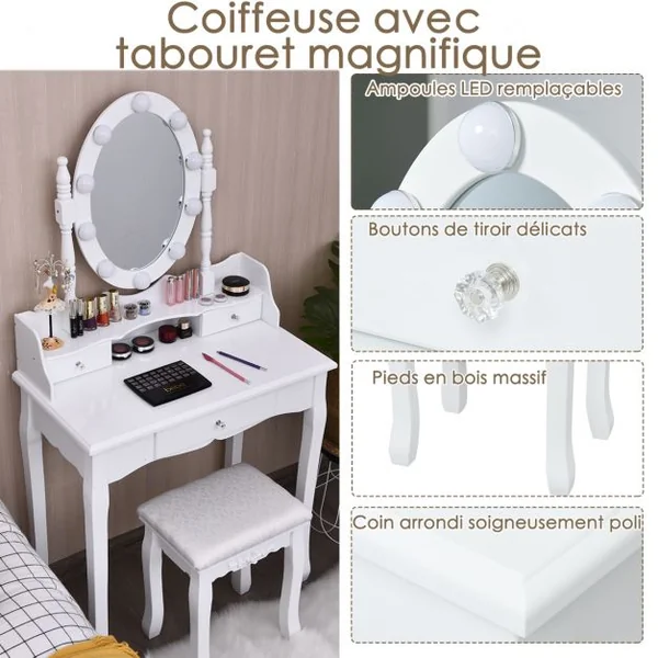 Coiffeuse avec 11 Ampoules LED Tabouret et Miroir à 360 ° 3 Tiroirs Peut Transformer Comme Bureau Blanc