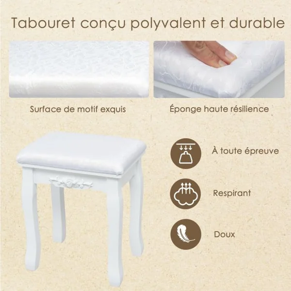 Coiffeuse avec 11 Ampoules LED Tabouret et Miroir à 360 ° 3 Tiroirs Peut Transformer Comme Bureau Blanc