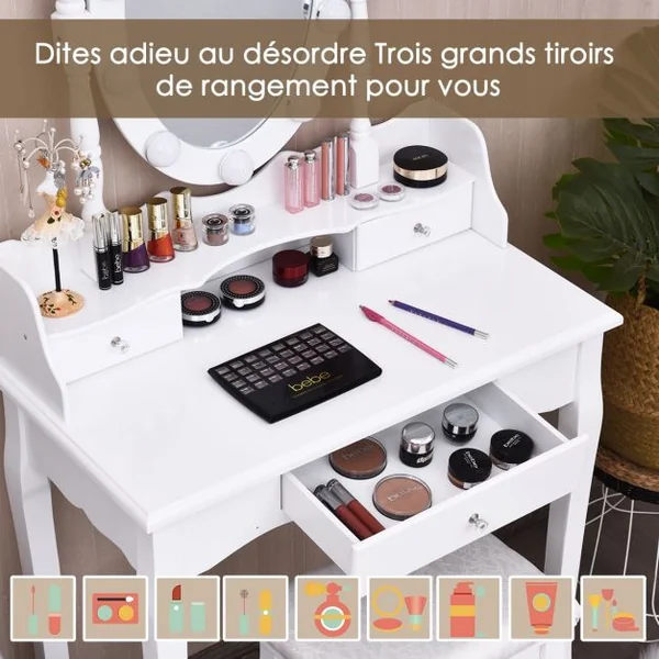 Coiffeuse avec 11 Ampoules LED Tabouret et Miroir à 360 ° 3 Tiroirs Peut Transformer Comme Bureau Blanc