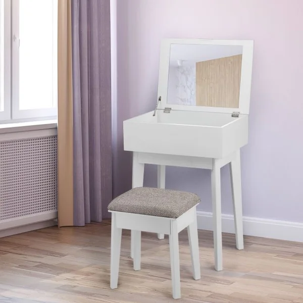 Coiffeuse avec miroir carré Table de maquillage avec tabouret 1 tiroir en MDF, 55 x 40 x 77 cm, Blanc
