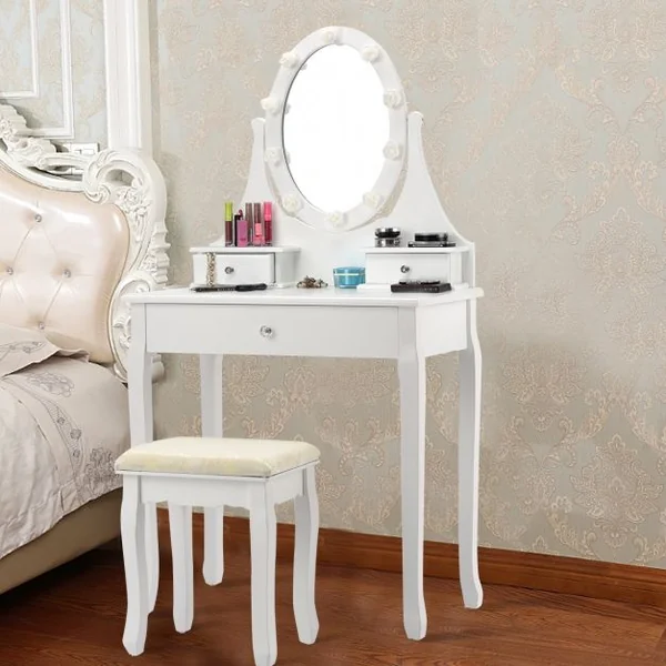 Coiffeuse avec Miroir Lumineux LED et Amovible, Table et Tabouret de Maquillage, en MDF et Bois, 74x40,5x142cm, Blanc
