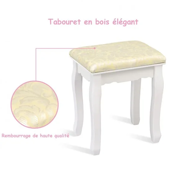 Coiffeuse avec Miroir Lumineux LED et Amovible, Table et Tabouret de Maquillage, en MDF et Bois, 74x40,5x142cm, Blanc