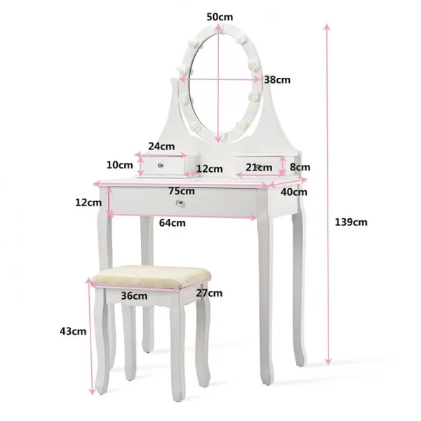 Coiffeuse avec Miroir Lumineux LED et Amovible, Table et Tabouret de Maquillage, en MDF et Bois, 74x40,5x142cm, Blanc