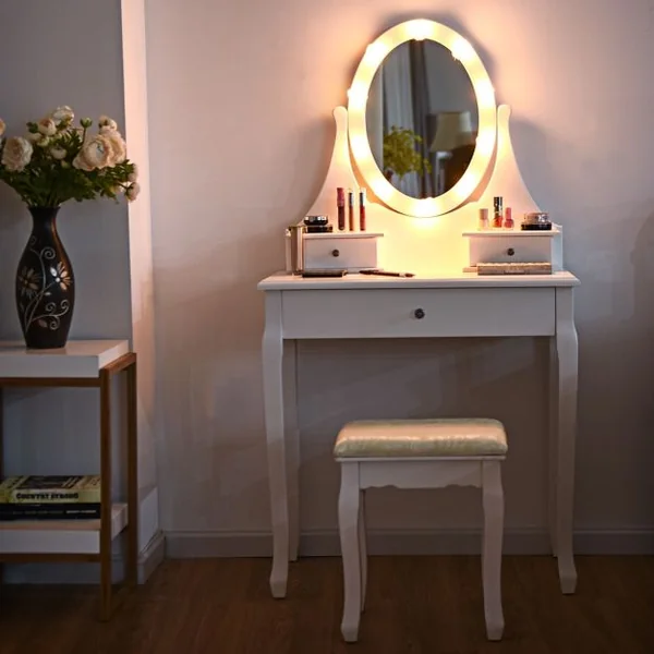 Coiffeuse avec Miroir Lumineux LED et Amovible, Table et Tabouret de Maquillage, en MDF et Bois, 74x40,5x142cm, Blanc