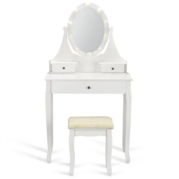 Coiffeuse avec Miroir Lumineux LED et Amovible, Table et Tabouret de Maquillage, en MDF et Bois, 74x40,5x142cm, Blanc