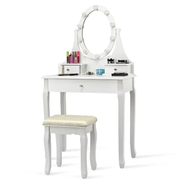 Coiffeuse avec Miroir Lumineux LED et Amovible, Table et Tabouret de Maquillage, en MDF et Bois, 74x40,5x142cm, Blanc