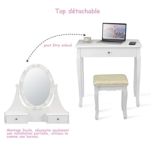 Coiffeuse avec Miroir Lumineux LED et Amovible, Table et Tabouret de Maquillage, en MDF et Bois, 74x40,5x142cm, Blanc