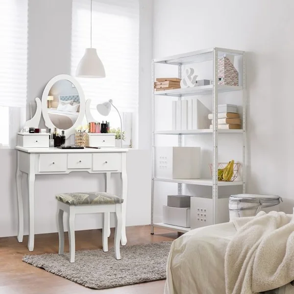 Coiffeuse avec Miroir Ovale et Tabouret Table de Maquillage avec 5 Tiroirs en Bois et MDF, 80x40x135cm, Blanc