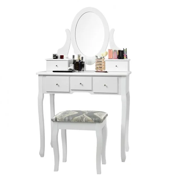 Coiffeuse avec Miroir Ovale et Tabouret Table de Maquillage avec 5 Tiroirs en Bois et MDF, 80x40x135cm, Blanc