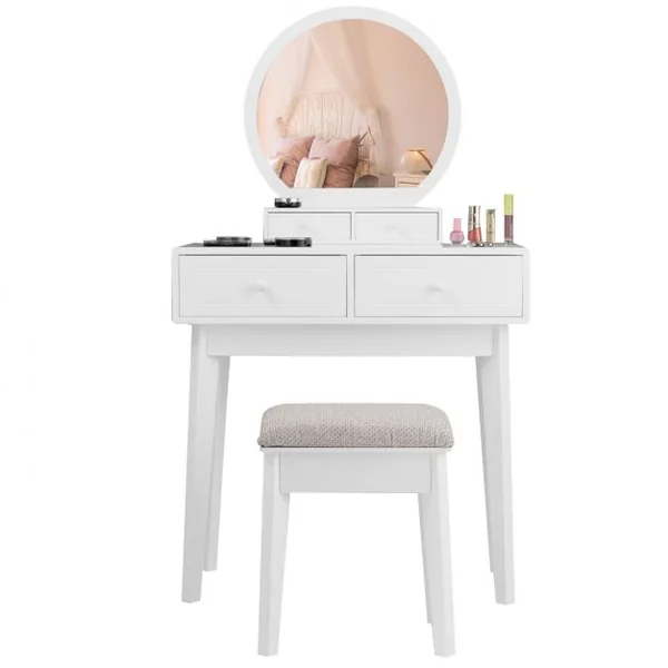Coiffeuse avec miroir rond Table de maquillage avec tabouret 2 tiroirsA en MDF, 75 x 40 x 130 cm, Blanc