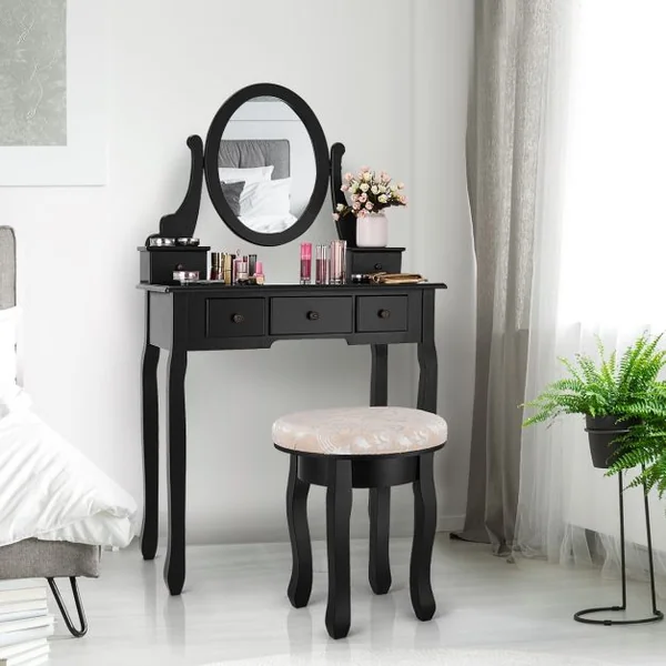 Coiffeuse avec Tabouret Table de Maquillage avec Miroir Amovible Pivotant à 360° 5 Tiroirs en MDF 75x40x130cm Blanc