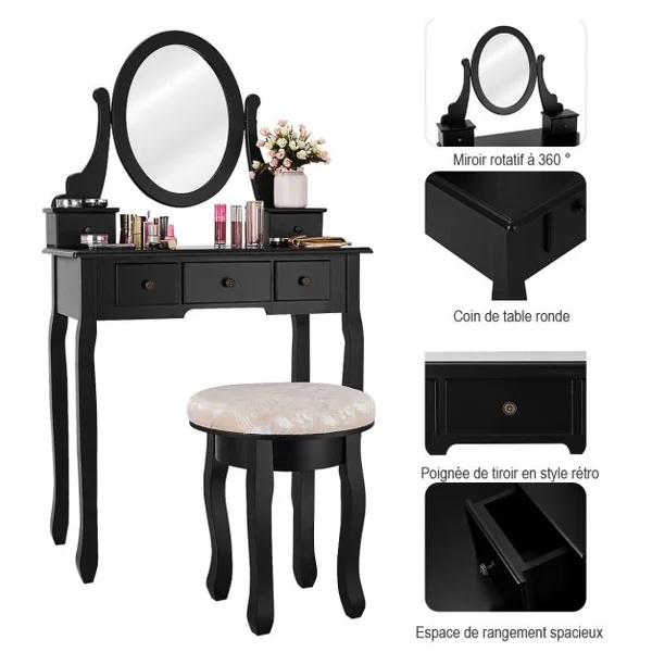 Coiffeuse avec Tabouret Table de Maquillage avec Miroir Amovible Pivotant à 360° 5 Tiroirs en MDF 75x40x130cm Blanc