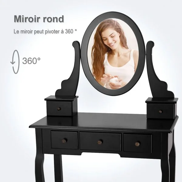 Coiffeuse avec Tabouret Table de Maquillage avec Miroir Amovible Pivotant à 360° 5 Tiroirs en MDF 75x40x130cm Blanc