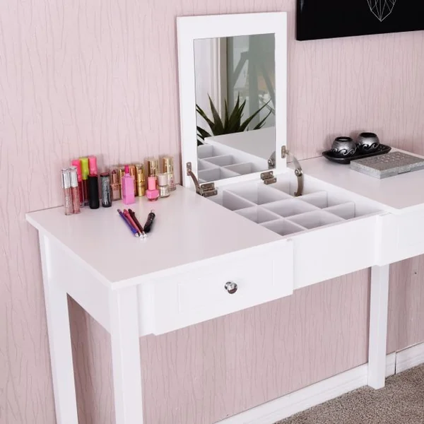 Coiffeuse de maquillage multifonctionnel avec miroir rabattable avec boîte de rangement cachée 2 Tiroirs en MDF 112x48x82cm, Blanc