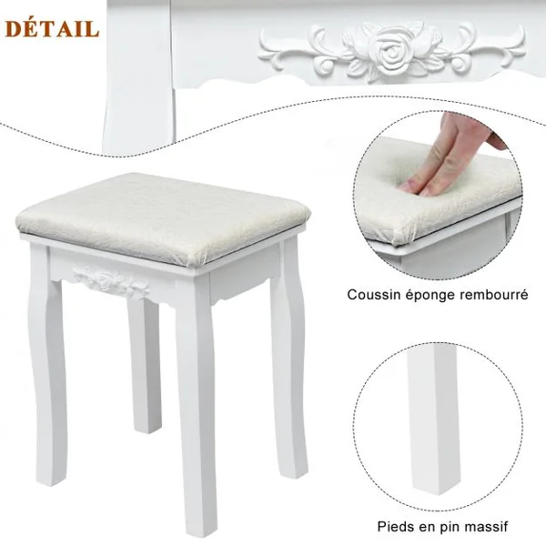 Coiffeuse et Tabouret avec 10 Lumières Led Miroir Amovible Pivotant à 360° 5 Tiroirs en Bois de Pin 80x40x138cm Blanc