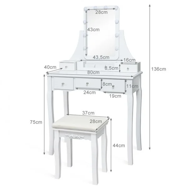 Coiffeuse et Tabouret avec 10 Lumières Led Miroir Amovible Pivotant à 360° 5 Tiroirs en Bois de Pin 80x40x138cm Blanc