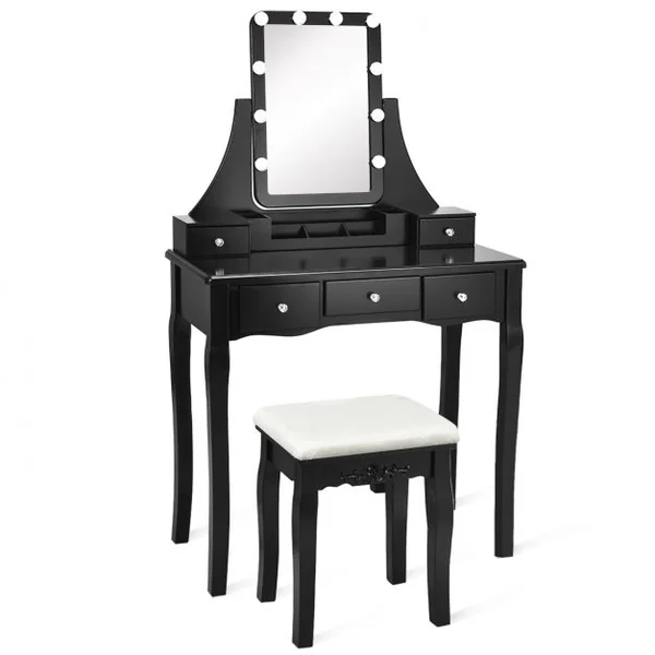Coiffeuse et Tabouret avec 10 Lumières Led Miroir Amovible Pivotant à 360° 5 Tiroirs en Bois de Pin 80x40x138cm Noir