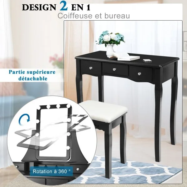 Coiffeuse et Tabouret avec 10 Lumières Led Miroir Amovible Pivotant à 360° 5 Tiroirs en Bois de Pin 80x40x138cm Noir