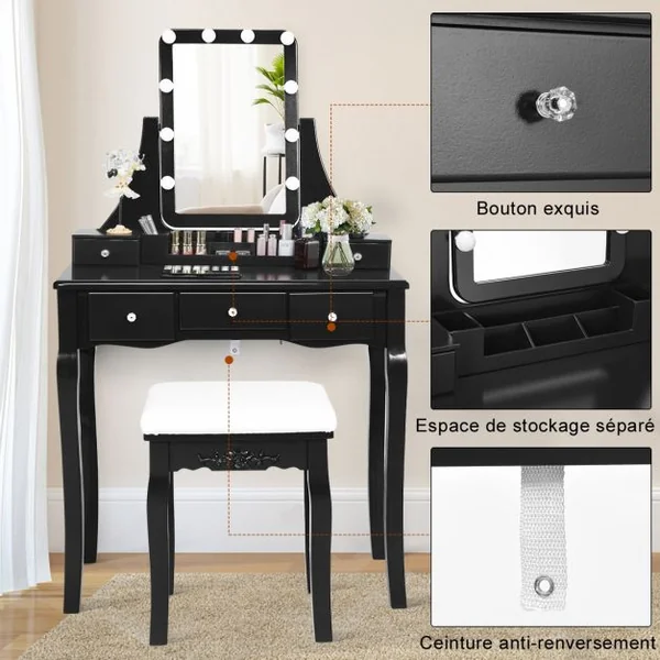 Coiffeuse et Tabouret avec 10 Lumières Led Miroir Amovible Pivotant à 360° 5 Tiroirs en Bois de Pin 80x40x138cm Noir