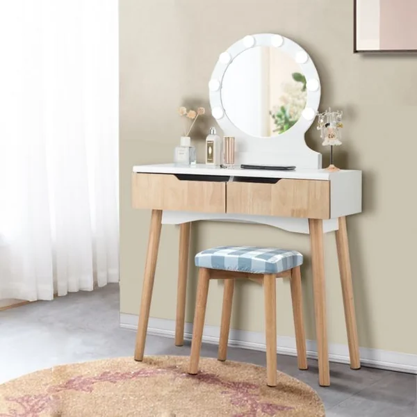 Coiffeuse et Tabouret avec Housse Amovible Miroir à 11 Lumières Led 2 Tiroirs en Mdf 80x40x132cm Blanc+Naturel