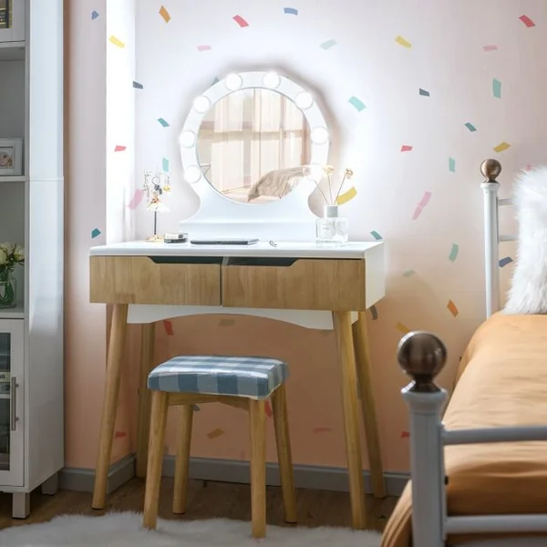 Coiffeuse et Tabouret avec Housse Amovible Miroir à 11 Lumières Led 2 Tiroirs en Mdf 80x40x132cm Blanc+Naturel