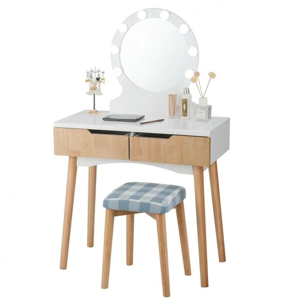Coiffeuse et Tabouret avec Housse Amovible Miroir à 11 Lumières Led 2 Tiroirs en Mdf 80x40x132cm Blanc+Naturel