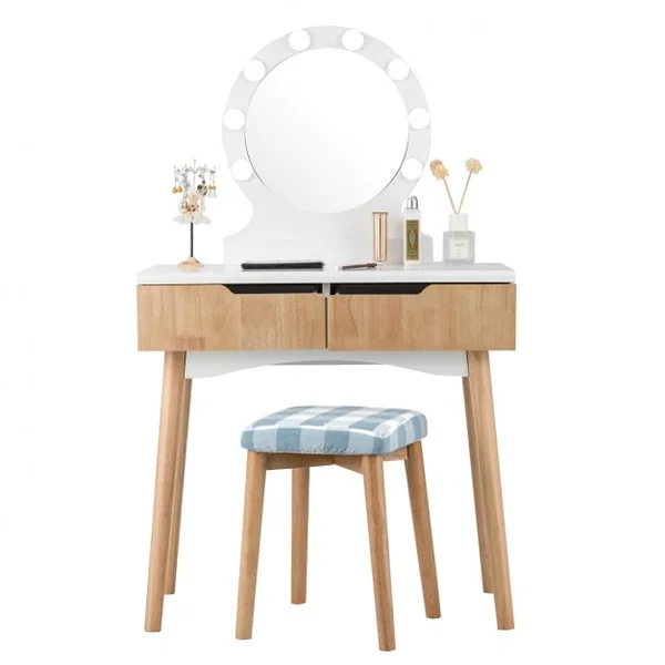 Coiffeuse et Tabouret avec Housse Amovible Miroir à 11 Lumières Led 2 Tiroirs en Mdf 80x40x132cm Blanc+Naturel