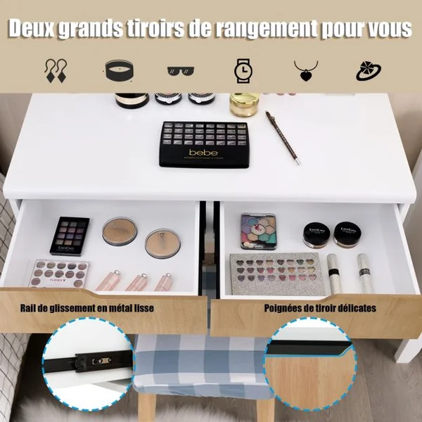Coiffeuse et Tabouret avec Housse Amovible Miroir à 11 Lumières Led 2 Tiroirs en Mdf 80x40x132cm Blanc+Naturel
