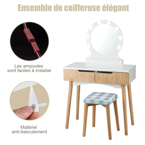 Coiffeuse et Tabouret avec Housse Amovible Miroir à 11 Lumières Led 2 Tiroirs en Mdf 80x40x132cm Blanc+Naturel