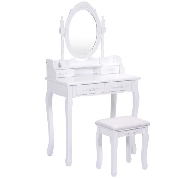 Coiffeuse et tabouret avec miroir pivotant Table de maquillage pour chambre salle de bain, 4 tiroirs en MDF laqué blanc