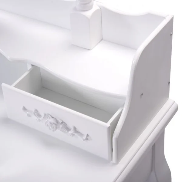 Coiffeuse et tabouret avec miroir pivotant Table de maquillage pour chambre salle de bain, 4 tiroirs en MDF laqué blanc
