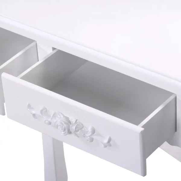 Coiffeuse et tabouret avec miroir pivotant Table de maquillage pour chambre salle de bain, 4 tiroirs en MDF laqué blanc