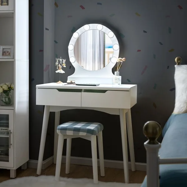 Coiffeuse et Tabouret Miroir Eclairé Led Interrupteur Tactile Luminosité Ajustable 2 Tiroirs en Mdf 80x40x132cm Blanc