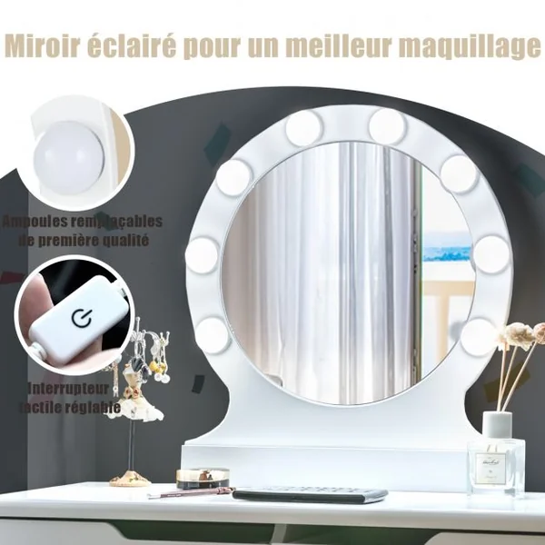Coiffeuse et Tabouret Miroir Eclairé Led Interrupteur Tactile Luminosité Ajustable 2 Tiroirs en Mdf 80x40x132cm Blanc