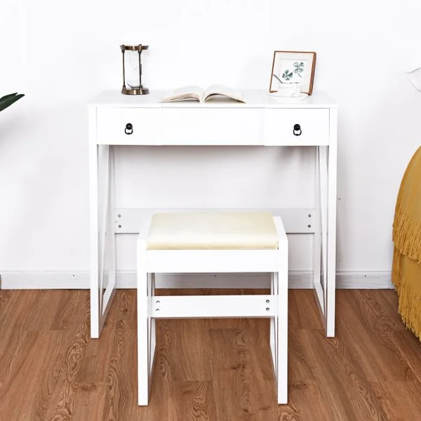 Coiffeuse et tabouret Table de Maquillage Style moderne avec Miroir et Grand Capacité de Rangement, 80x40x76cm, Blanc