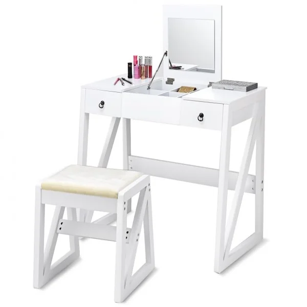 Coiffeuse et tabouret Table de Maquillage Style moderne avec Miroir et Grand Capacité de Rangement, 80x40x76cm, Blanc