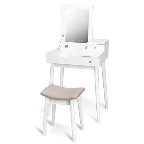 Coiffeuse et tabouret Table de Maquillage Style moderne avec Miroir et Rangement caché, 60x50x76cm, Blanc