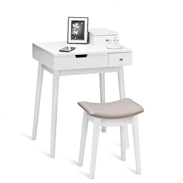 Coiffeuse et tabouret Table de Maquillage Style moderne avec Miroir et Rangement caché, 60x50x76cm, Blanc