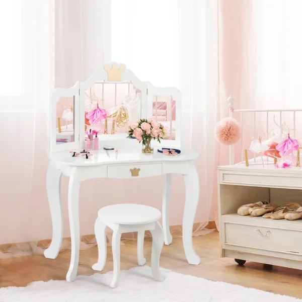 Coiffeuse pour Enfants avec Miroir à Trois Volets Dessus amovible Tabouret Inclus Blanc
