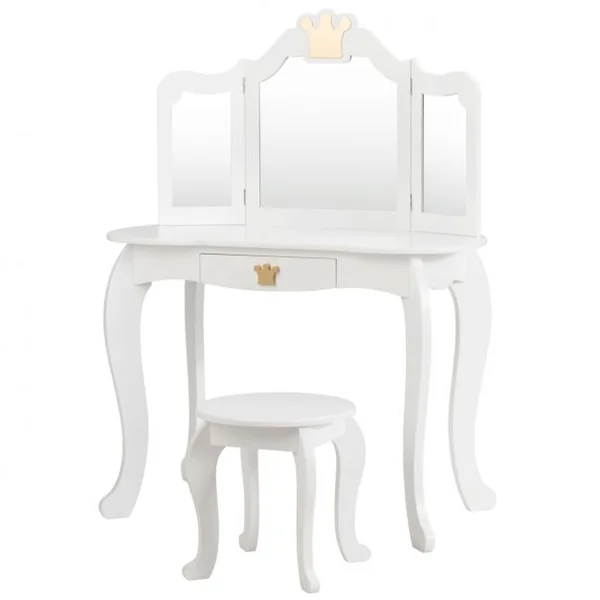 Coiffeuse pour Enfants avec Miroir à Trois Volets Dessus amovible Tabouret Inclus Blanc