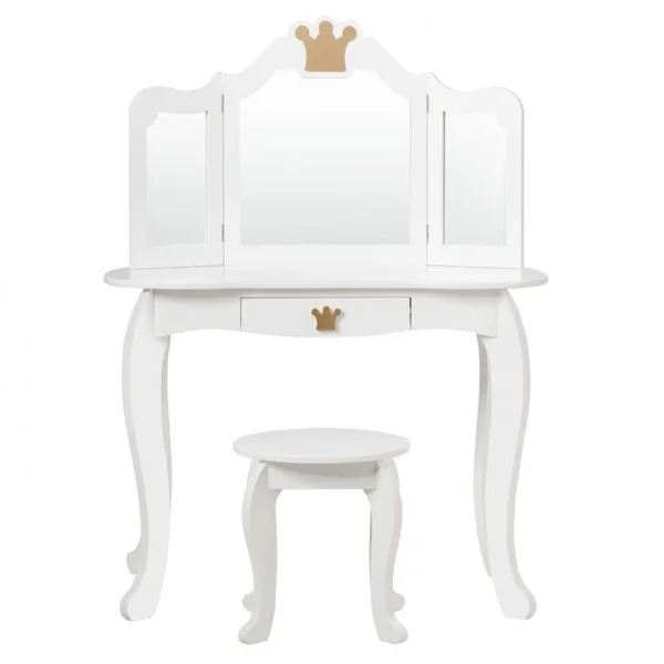 Coiffeuse pour Enfants avec Miroir à Trois Volets Dessus amovible Tabouret Inclus Blanc