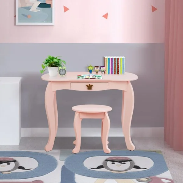 Coiffeuse pour Enfants avec Miroir à Trois Volets Dessus amovible Tabouret Inclus Rose