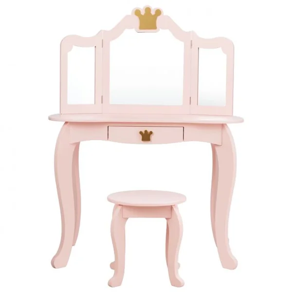 Coiffeuse pour Enfants avec Miroir à Trois Volets Dessus amovible Tabouret Inclus Rose
