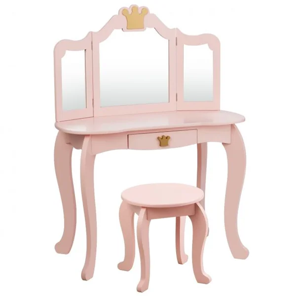 Coiffeuse pour Enfants avec Miroir à Trois Volets Dessus amovible Tabouret Inclus Rose