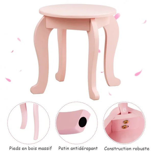 Coiffeuse pour Enfants avec Miroir à Trois Volets Dessus amovible Tabouret Inclus Rose