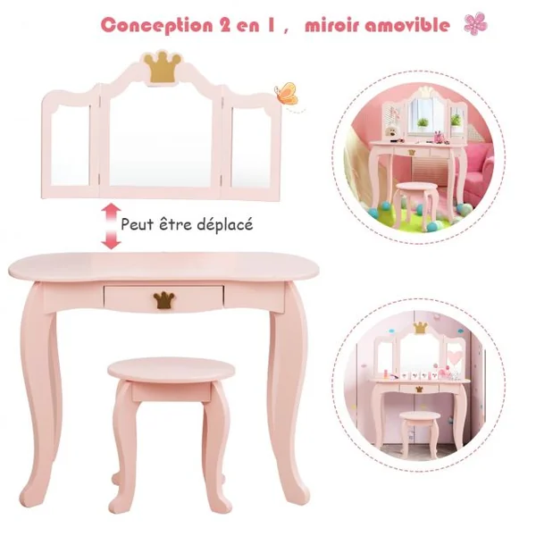 Coiffeuse pour Enfants avec Miroir à Trois Volets Dessus amovible Tabouret Inclus Rose