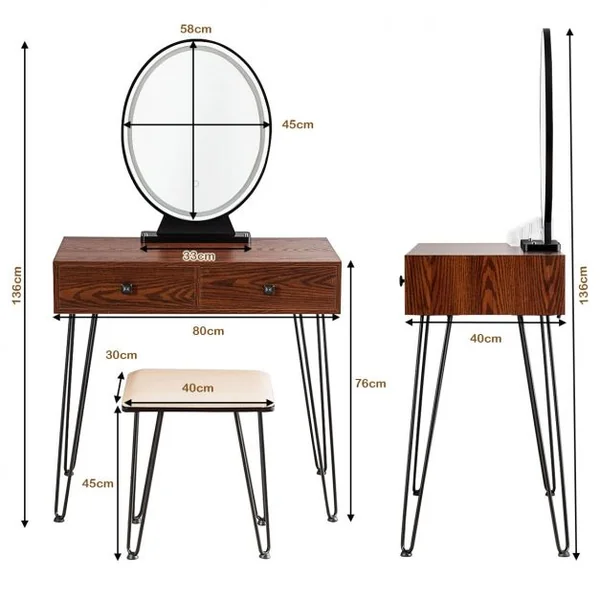 Coiffeuse Table de Maquillage avec 1 Miroir Tactile à LED Choix d’Eclairage 3 Couleurs de Style Industriel Brun Rustique