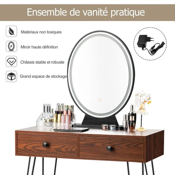 Coiffeuse Table de Maquillage avec 1 Miroir Tactile à LED Choix d’Eclairage 3 Couleurs de Style Industriel Brun Rustique